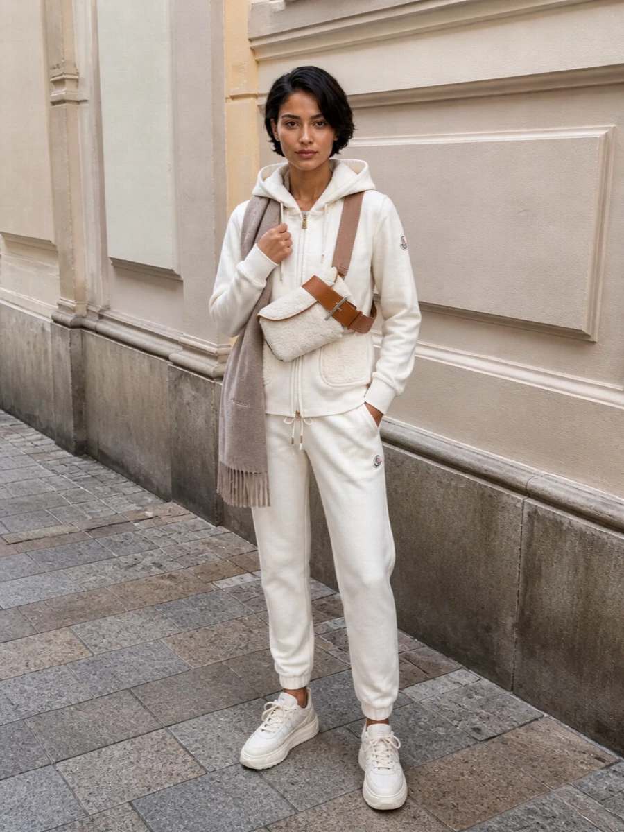 Moncler ivory hoodie joggers sneakers outfit
