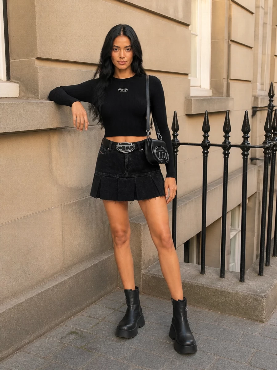 Diesel pleated denim mini skirt platform boots