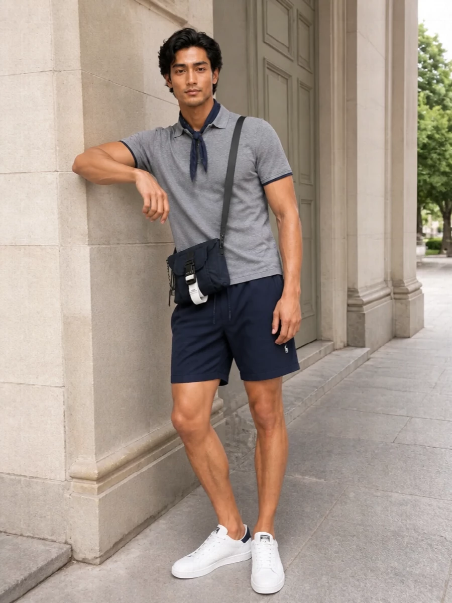 Navy polo shorts adidas white sneakers outfit