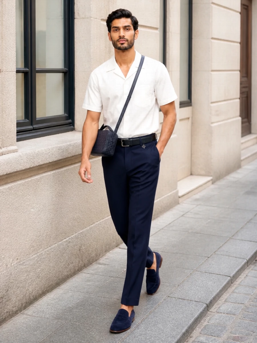 This look leans into a crisp Riviera take on quiet luxury: deep-navy tailored trousers anchored by a soft-white short-sleeve shirt for a clean, airy SS balance. Navy suede loafers and an inky woven crossbody keep the palette tightly controlled and elevated, while a discreet textured belt finishes everything with understated structure. The result is a polished, versatile ensemble that moves effortlessly from terrace lunch to refined evening plans.