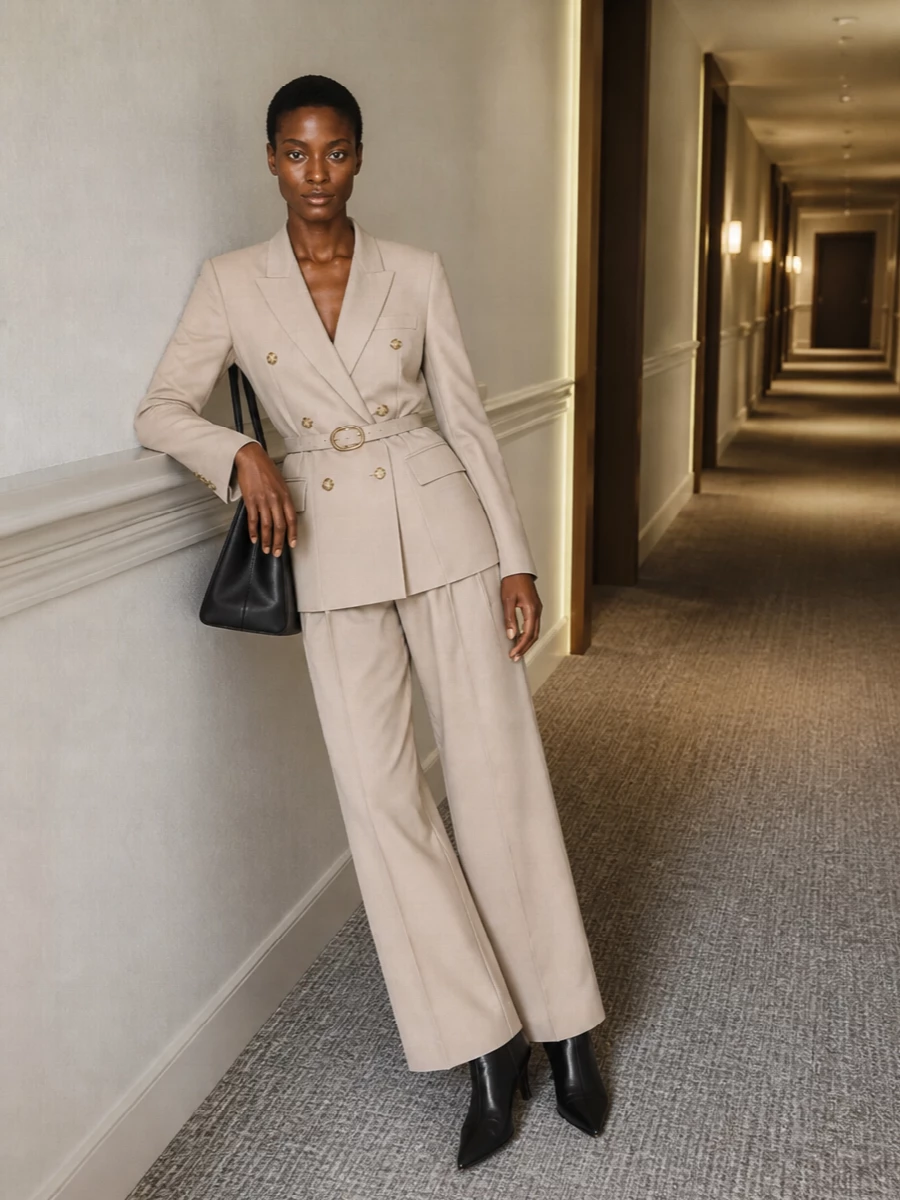 Stella mccartney beige pantsuit black ankle boots