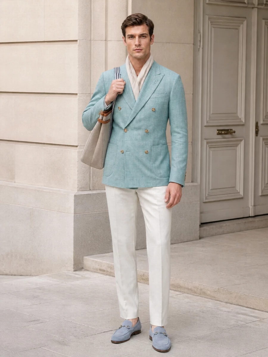 Lardini teal blazer ivory trousers suede loafers