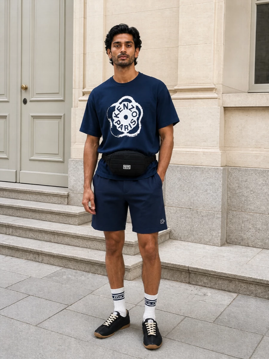 Kenzo navy shorts logo tee sneakers outfit