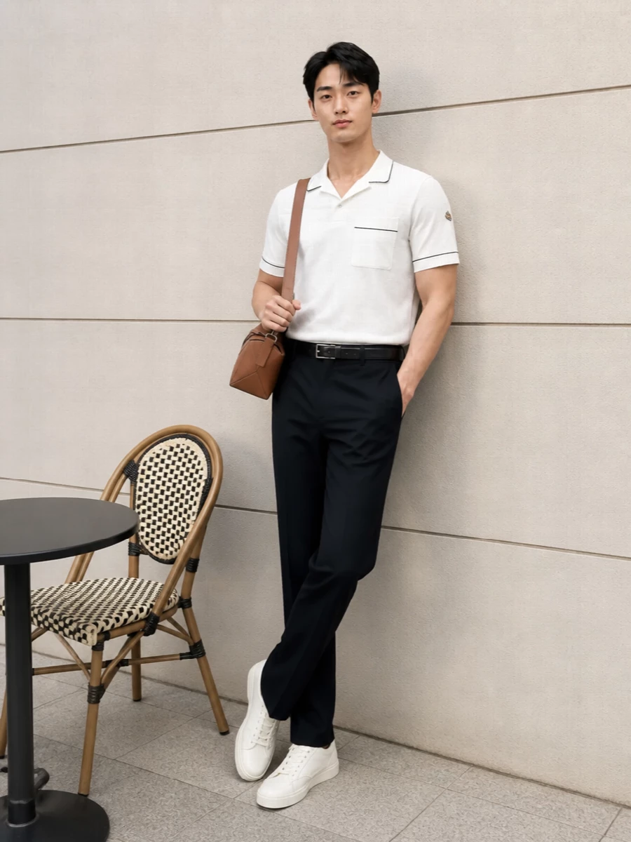 The white Moncler polo is paired with deep navy straight-leg trousers for a crisp, modern take on preppy quiet luxury that can move easily from daytime city wear to relaxed dinners. Off‑white Prada sneakers keep the look light and summery while grounding it in refinement, and Loewe’s tan geometric bag with a slim black Saint Laurent belt add subtle architectural structure and warmth without disturbing the clean monochrome base. The result is an easy, SS-ready uniform that feels intentionally sharp yet completely effortless.