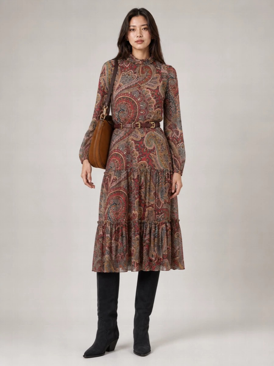 Etro Silk Blend Paisley Print Ruffled Long Sleeve Belted Midi Dress