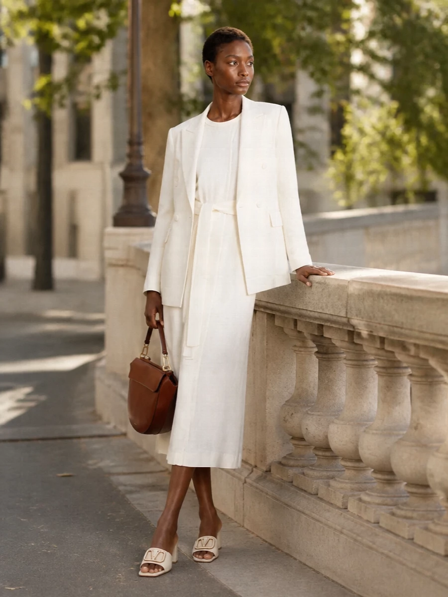 The look is an exercise in quiet Italian polish: the ivory sleeveless belted midi dress creates a long, uninterrupted line under the Max Mara blazer, giving you a refined, column silhouette perfect for SS city dressing or understated events. Ivory Valentino block-heel mules keep the palette light and modern, while the cognac Wandler top-handle adds a single, luxurious caramel note that grounds the outfit without disturbing its minimalist serenity. Choosing the dress route over tailored trousers feels more fluid and summery, and it lets the blazer act as a softly powerful layer rather than part of a strict suit.