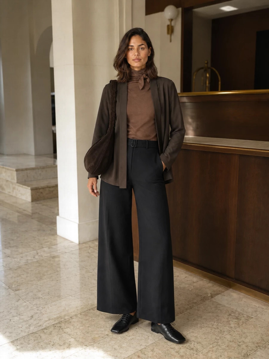 Lemaire brown jacket black wide leg trousers