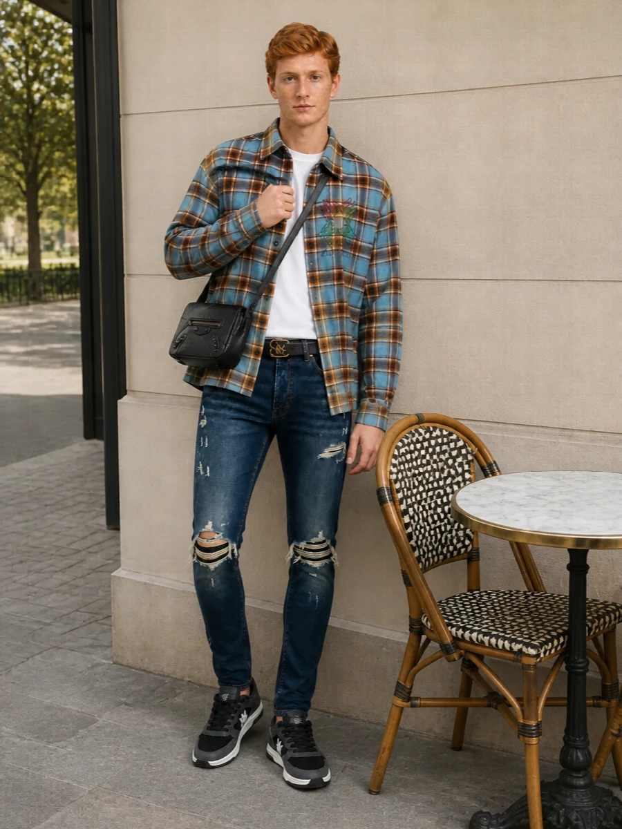 Amiri distressed jeans plaid overshirt outfit