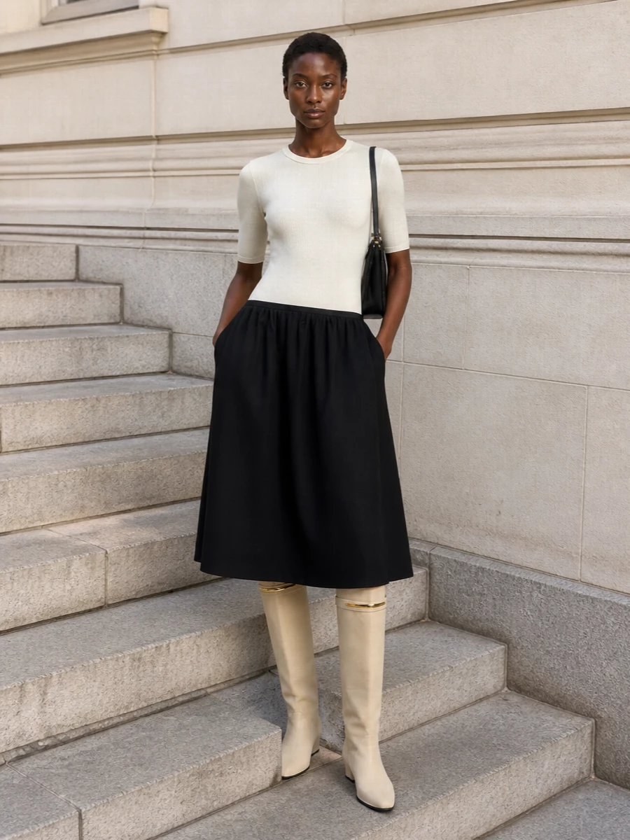 A two-tone Totême midi sets a precise black-and-ivory column that lets the buttercream Givenchy boot read as a sculptural statement rather than competing for attention. The asymmetric palette stays within a tight neutral story, so the gold flash at the boot and hardware on the Alaïa bag feel like deliberate punctuation instead of ornament. Choosing the dress route keeps the outfit quietly formal and streamlined, ideal for refined evenings where proportion and restraint do the work.