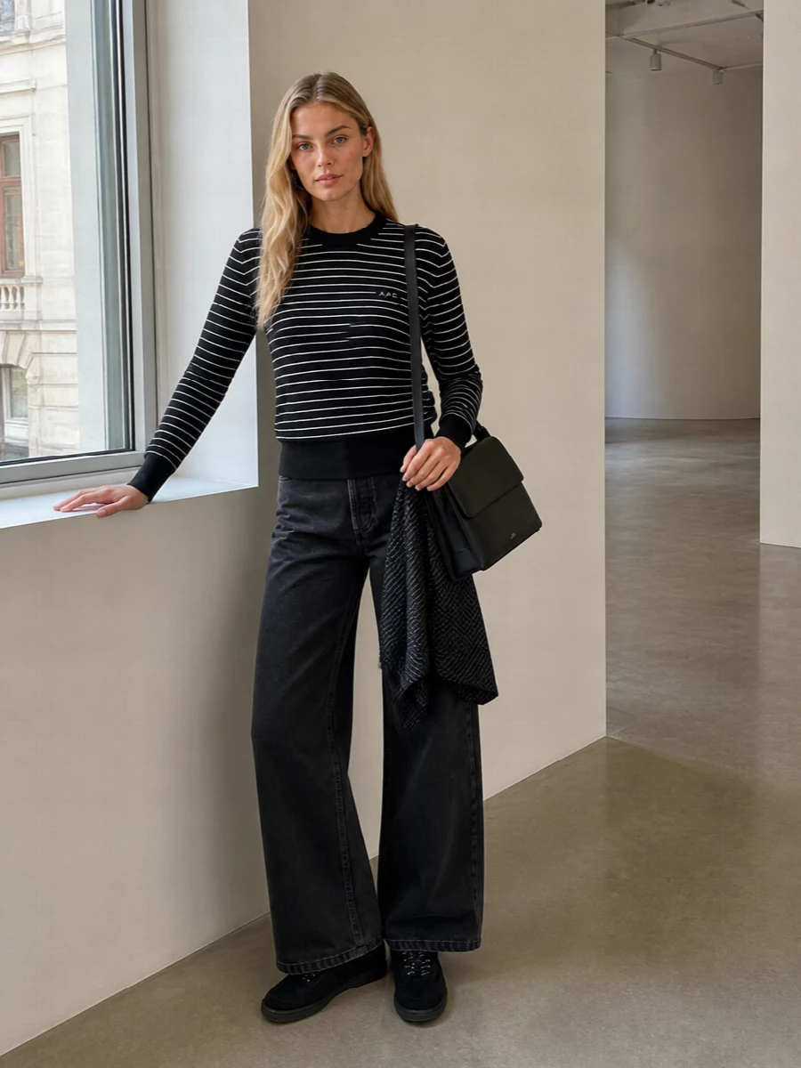 Apc striped sweatshirt wide leg jeans outfit