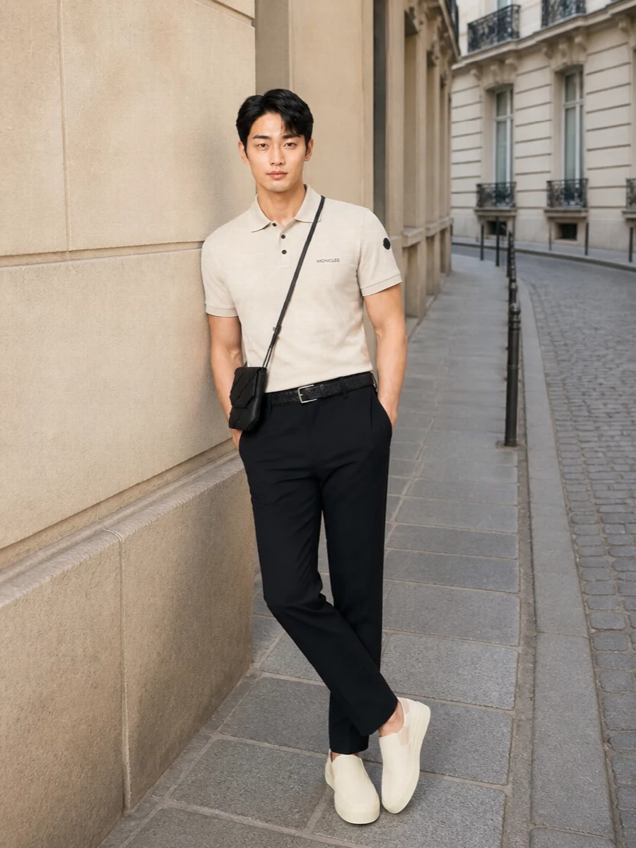A soft beige Moncler polo sits over deep navy tailored trousers for a refined, city-ready take on warm-weather dressing that stays firmly in the quiet-luxury space. Cream slip-on sneakers keep the silhouette light and minimal, while a slim black intrecciato crossbody and a finely textured black belt add just enough structure and craftsmanship without breaking the clean lines. It’s an easy office-to-weekend uniform that feels polished but never overdone.