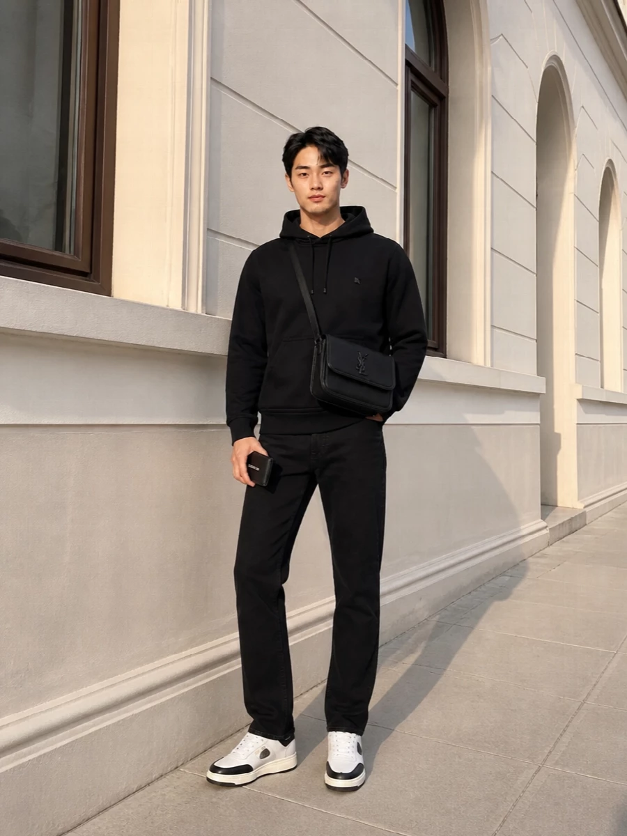 A monochrome city uniform built around sharp logos and clean lines, this outfit keeps everything grounded in black with crisp white hits echoing the Balenciaga wallet. The structured Valentino hoodie and tailored Gucci trouser sit between street and suiting, while Saint Laurent sneakers and crossbody add a subtle preppy edge that still feels restrained. It is a high-end, go-anywhere combination that reads deliberate without ever feeling over-styled.