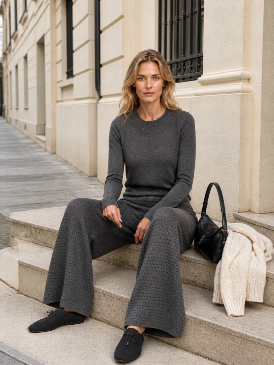Pinko charcoal knit pants minimalist winter outfit