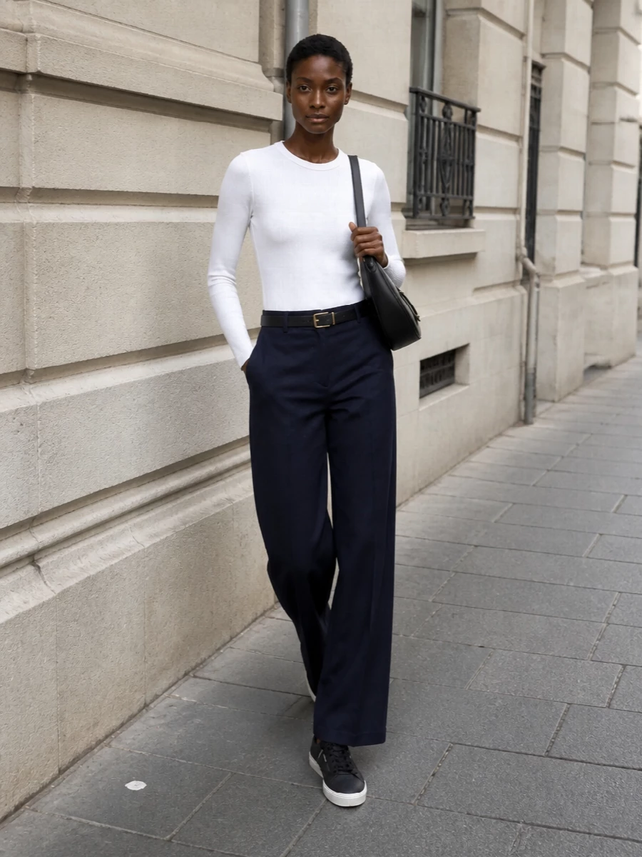Wide leg navy trousers white ribbed knit outfit