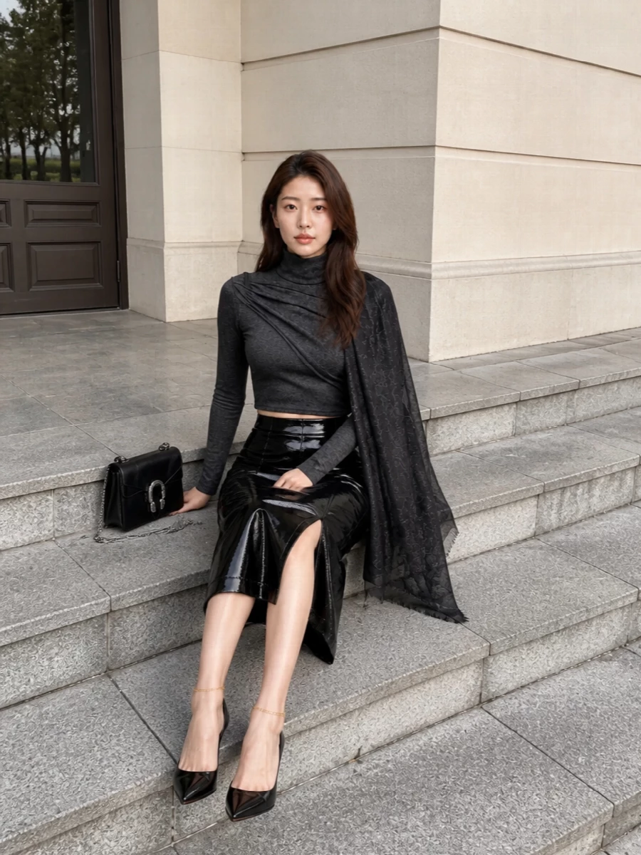 A cropped, sculpted knit is grounded by a slick black midi skirt for a dark, architectural take on evening dressing. Patent stilettos and a sharp, glossy shoulder bag keep the lines clean and leggy, while a sheer GG scarf adds just a whisper of texture and logo. The result is moody, modern and designed for night streets and late dinners rather than the office.