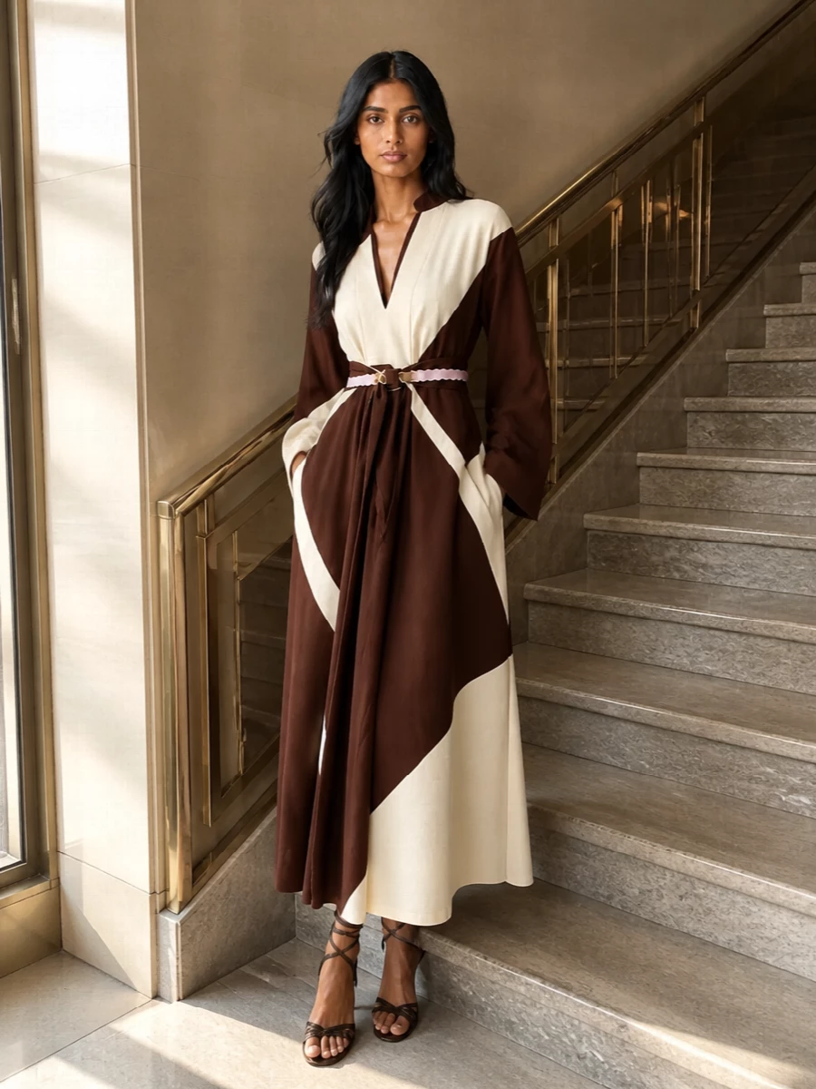 Alberta ferretti brown wrap dress ferragamo heels