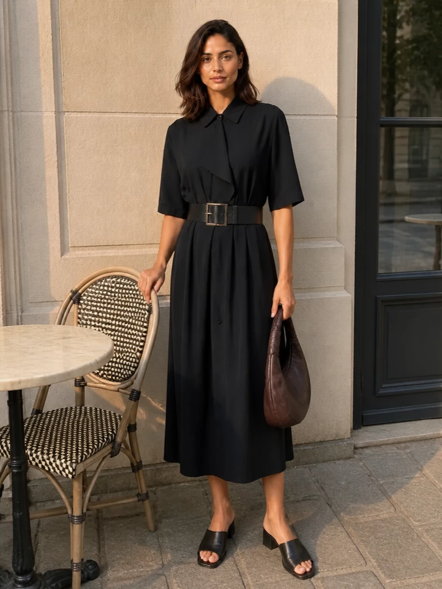 Lemaire black shirt dress belt mules outfit
