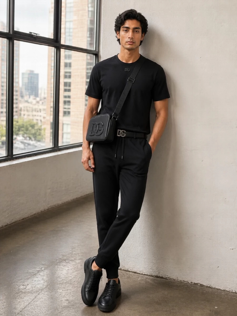 Dolce gabbana black joggers outfit leather sneakers