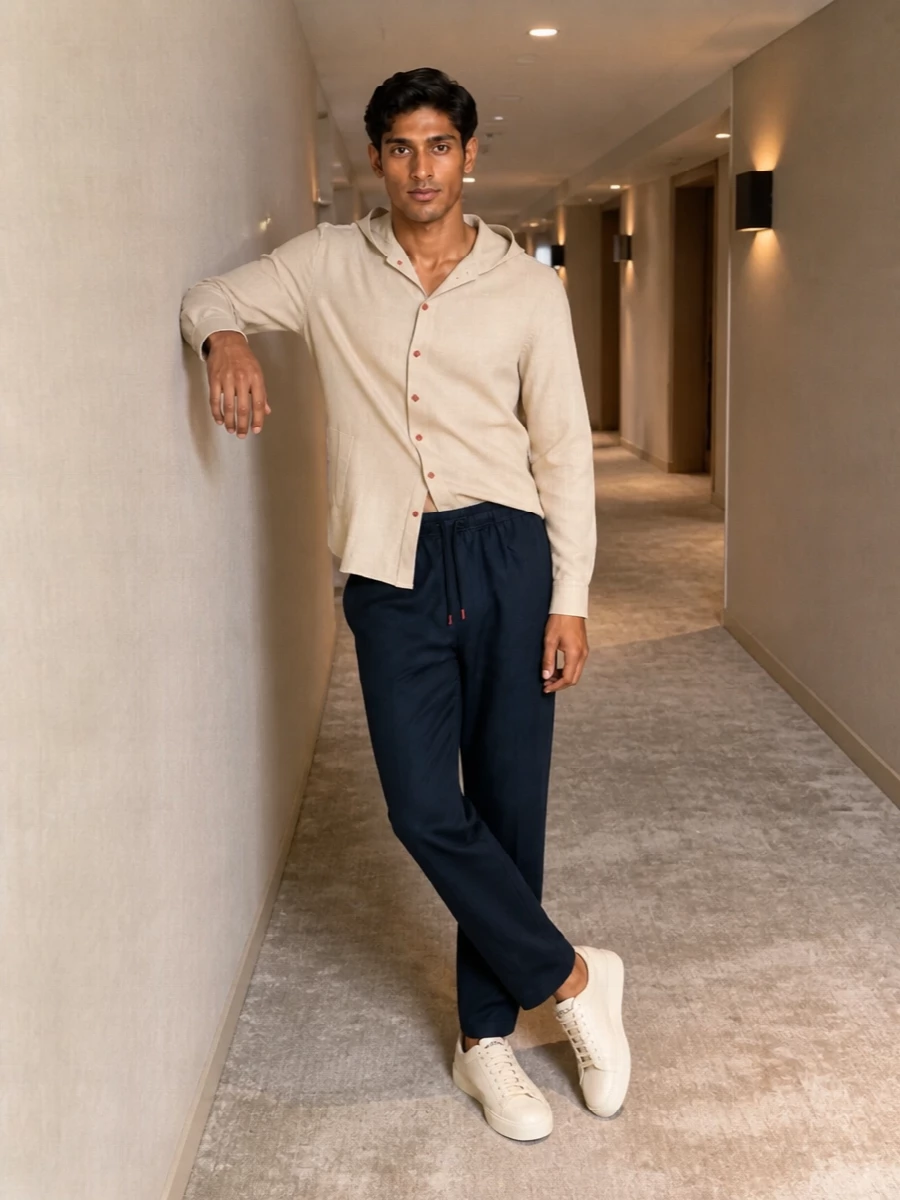 Kiton hooded shirt navy trousers sneakers