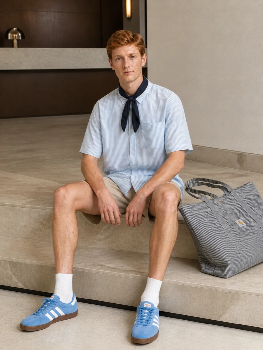 Carhartt striped shirt cargo shorts adidas sneakers