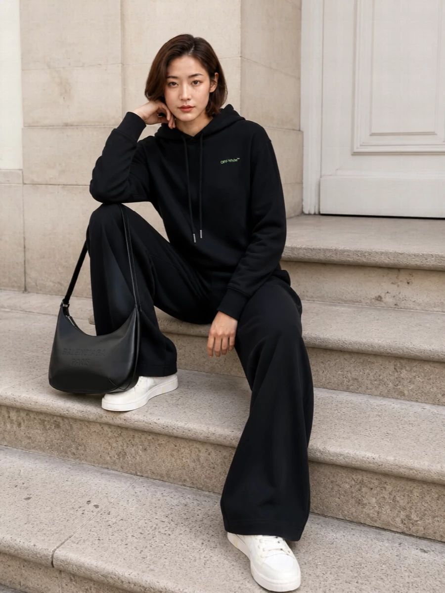 Off white hoodie wide leg trousers streetwear outfit