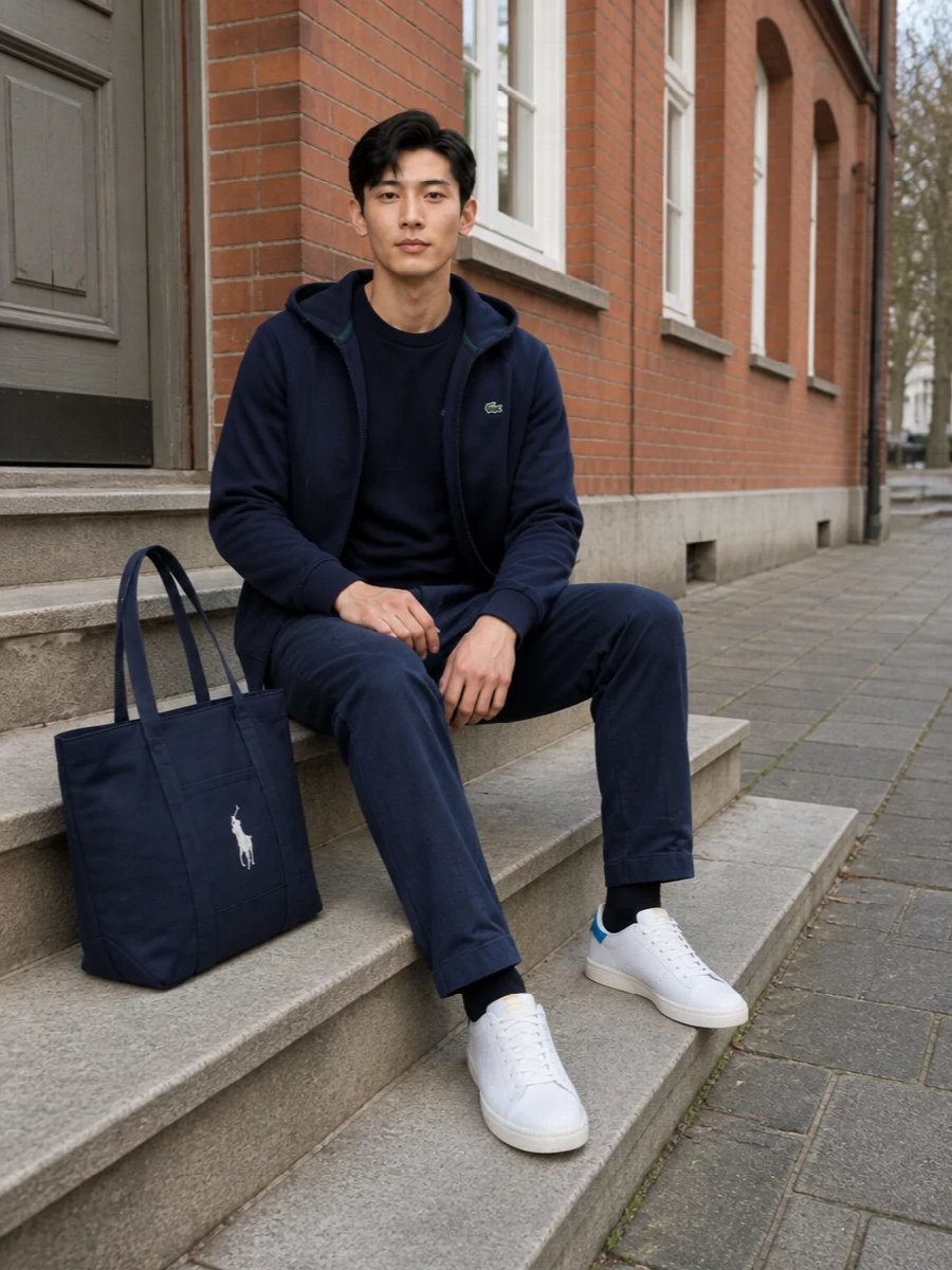 Lacoste navy athleisure outfit adidas sneakers