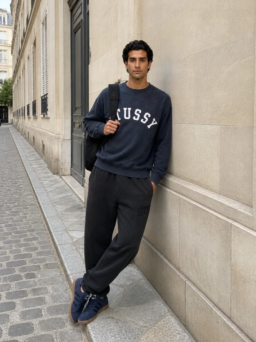 Washed navy up top and faded black down low keep this Stüssy-on-Stüssy combo relaxed but sharp, the kind of set you can live in all season. Navy gum-sole Adidas sneakers tie back to the crew, while the black Carhartt backpack leans practical and lets the graphics do the talking. It is pure streetwear, just considered enough to move from skate spot to city all day.
