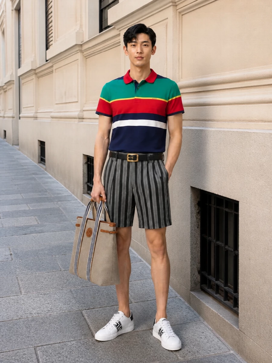 Versace striped polo tailored shorts white sneakers