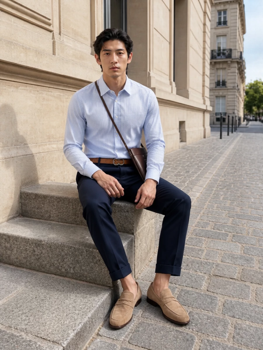 Fay navy chinos striped shirt suede loafers