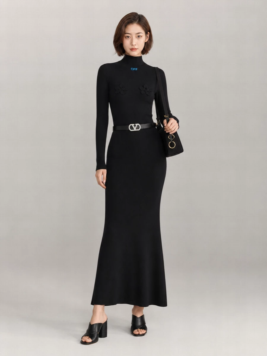 Off-White Floral-Appliqué Hooded Midi Dress