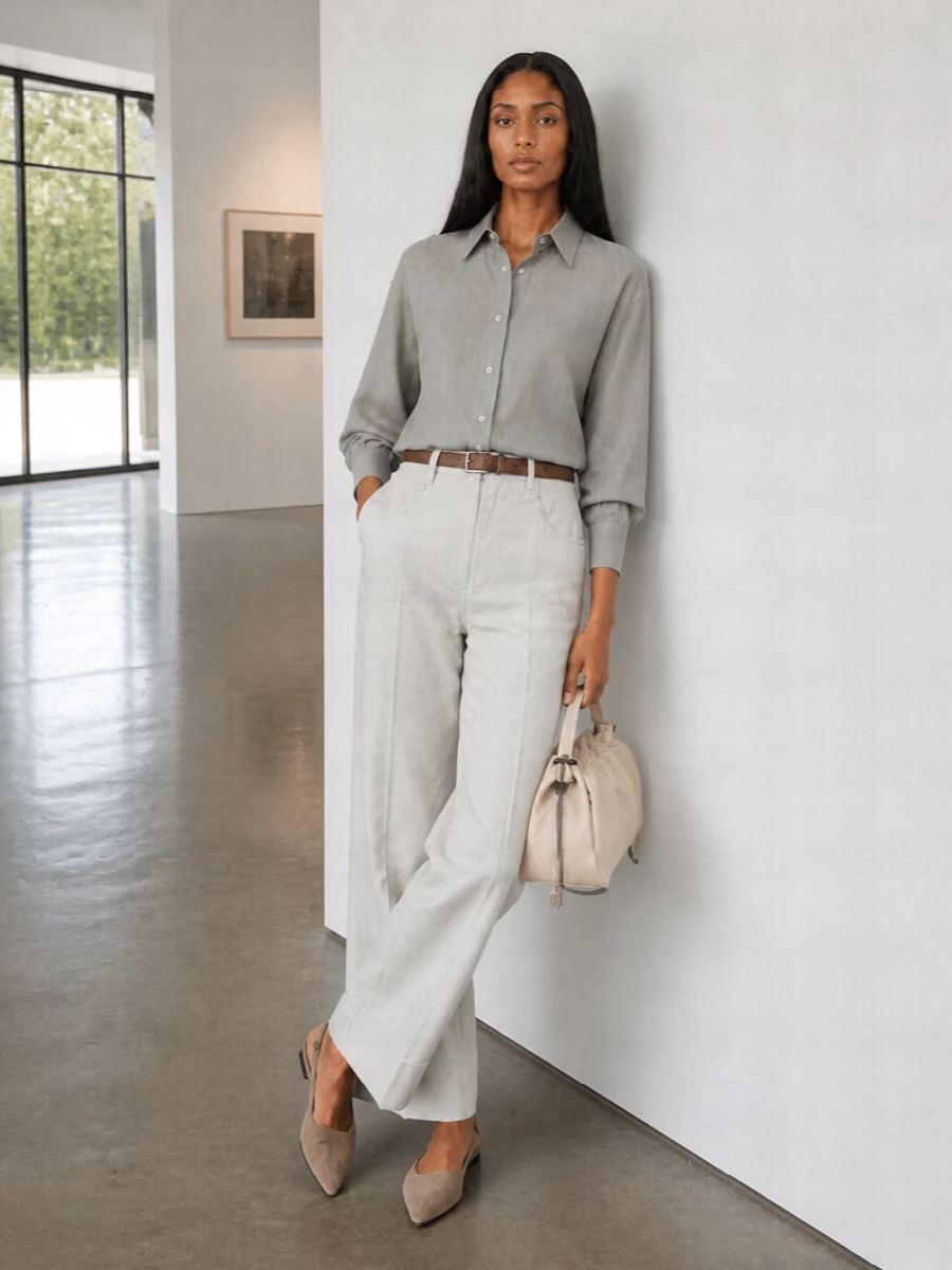 A softly structured stone-grey shirt is tucked into pale wide-leg trousers for a clean, elongated line that feels calm and precise. The pointed taupe slingback and slim brown belt subtly sharpen the silhouette, while the ivory pouch keeps the palette airy and refined for long, sunlit days in the city.