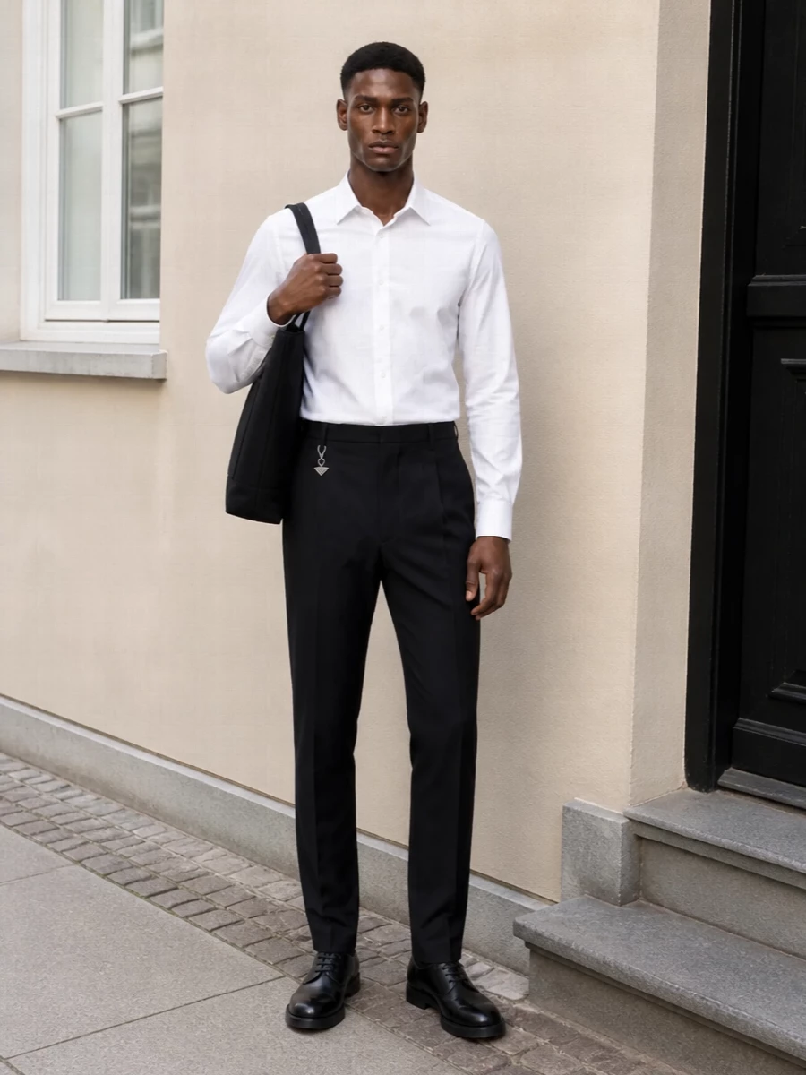 Black pleated Prada trousers with a pristine Brunello Cucinelli white shirt create a sharply defined, minimal base that feels precise rather than severe. A quietly assertive black derby and The Row’s clean tote finish the ensemble with calm, boardroom-ready polish. The result is a modern, architectural take on office dressing that reads expensive in its restraint and proportions, not in overt branding.