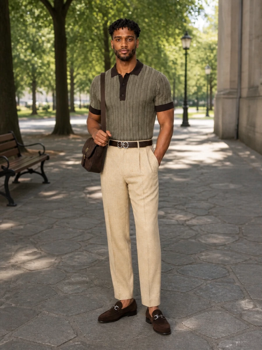 Ferragamo knit polo beige trousers loafers