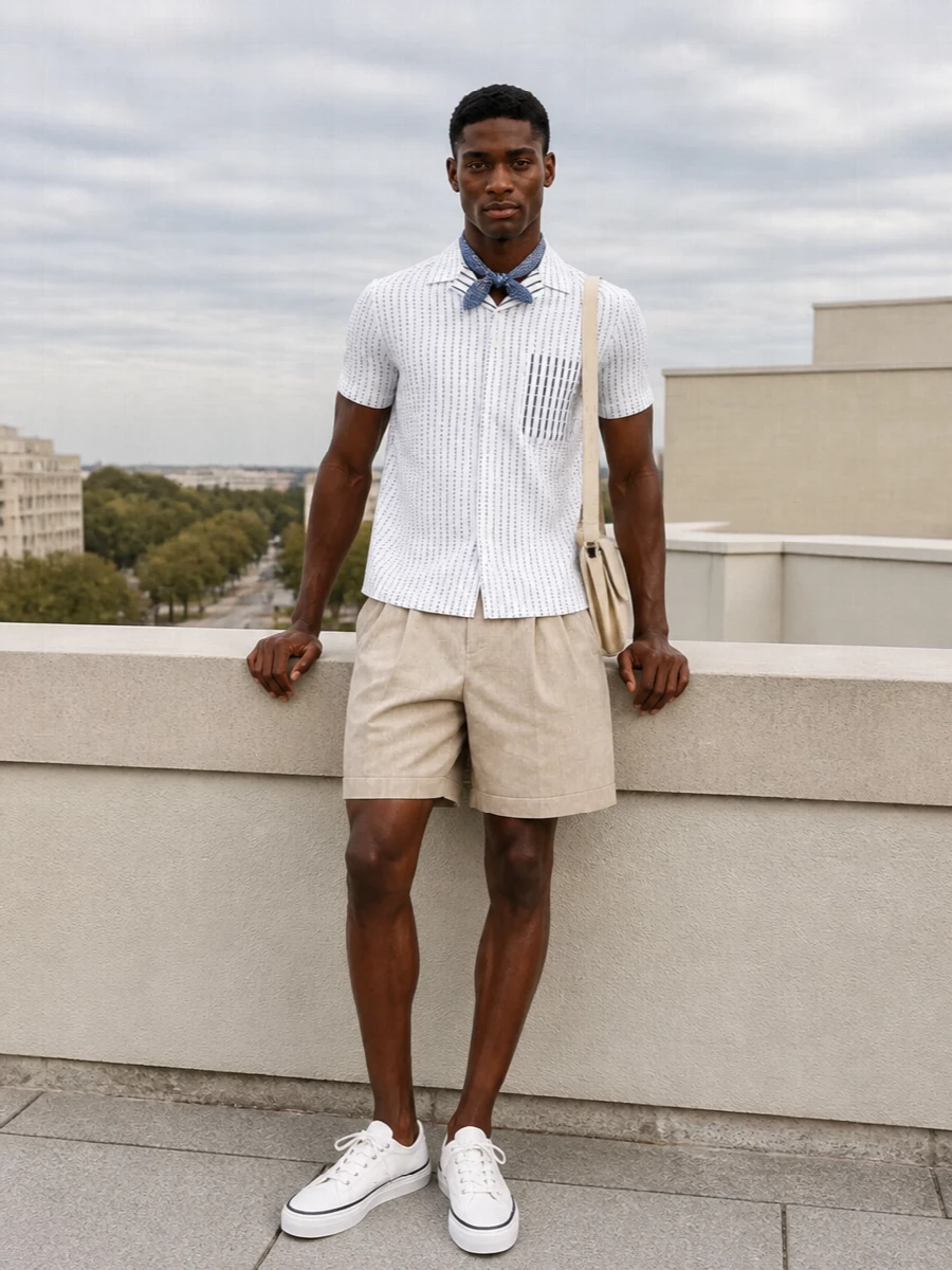 Jacquemus striped shirt beige tailored shorts outfit