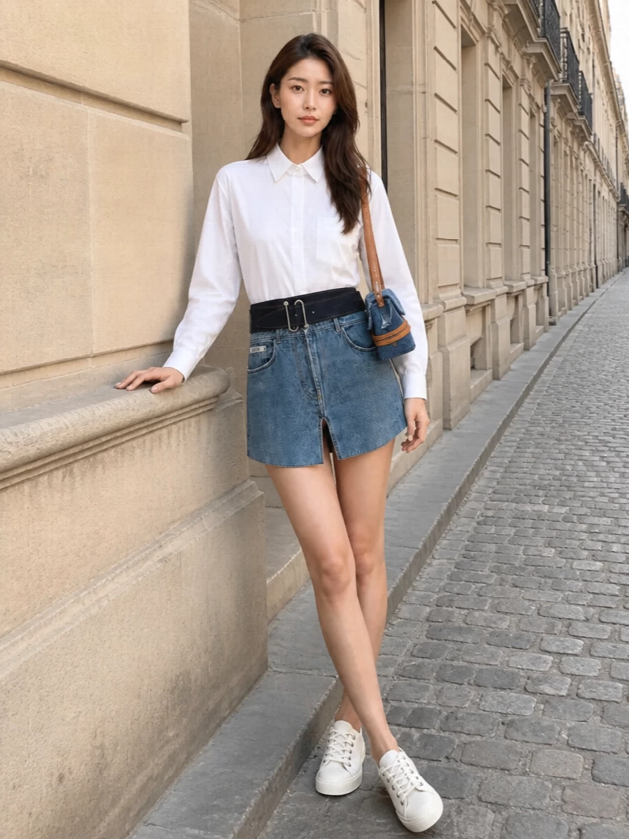 Moschino denim shirt dress with sneakers