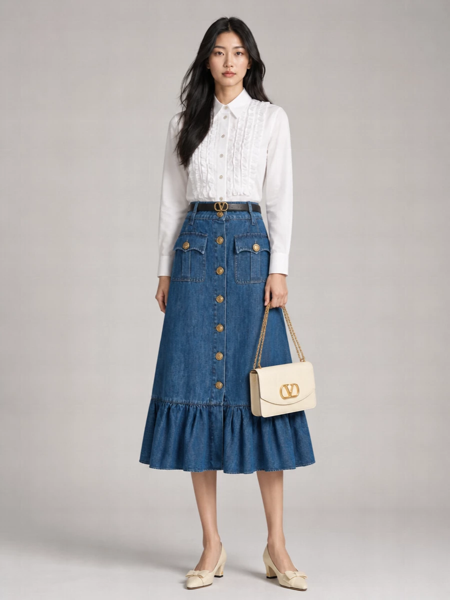 Valentino Denim Midi A-Line Skirt