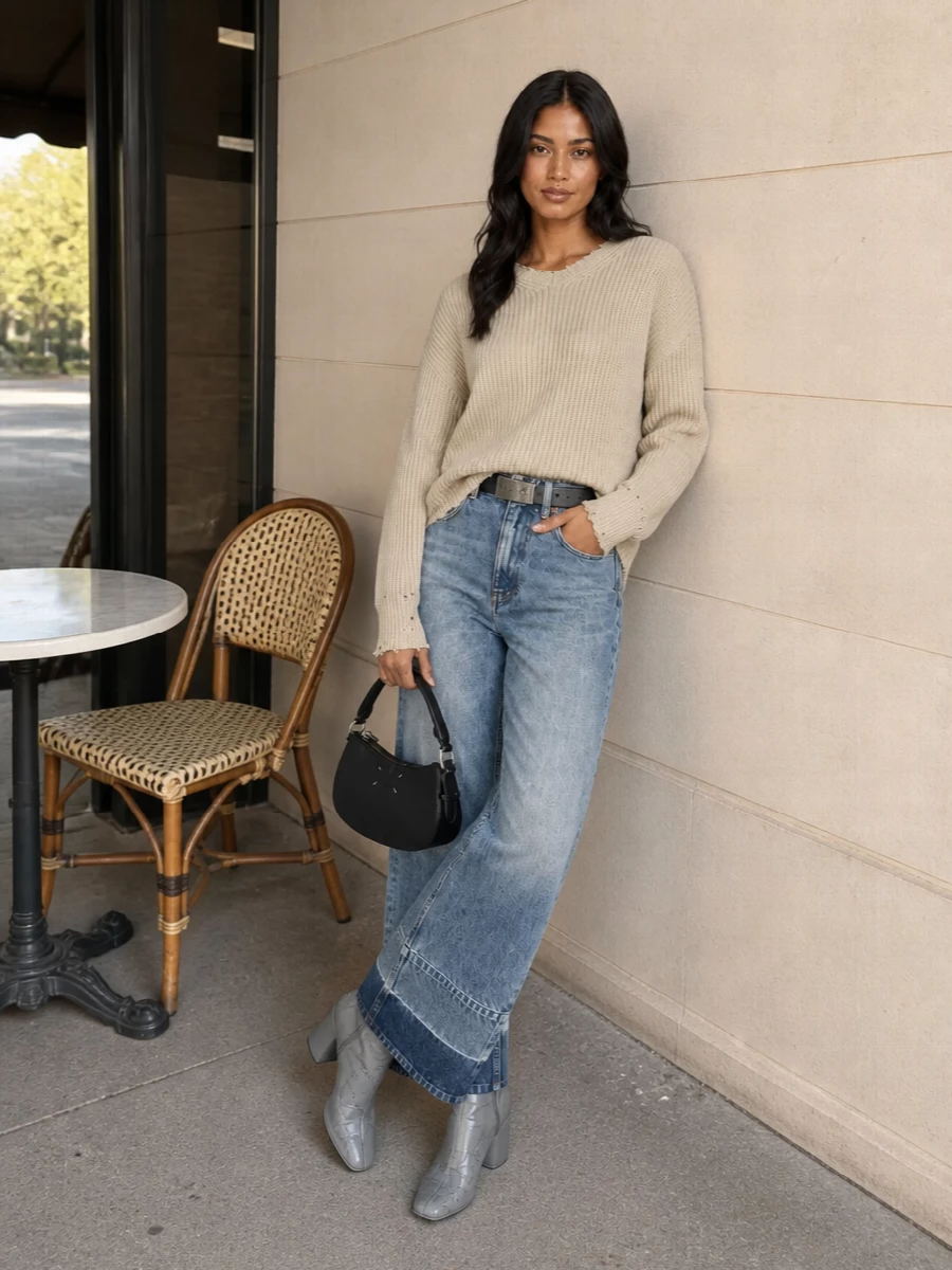 Mm6 wide leg jeans beige knit grey ankle boots