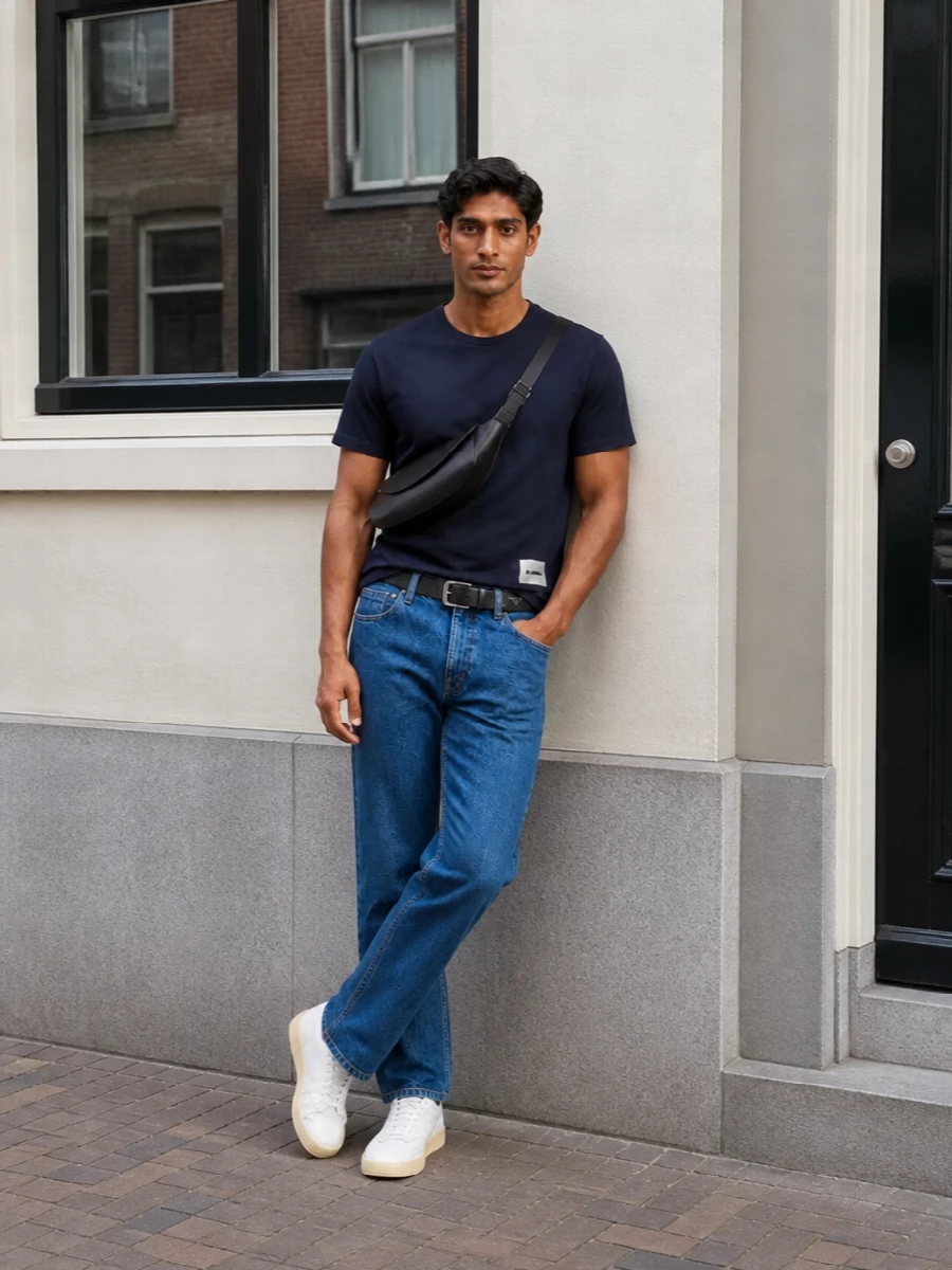 Deep navy jersey sits against clean mid-blue denim for a calm, precise take on casual dressing. White leather sneakers and a black belt keep the lines sharp without feeling dressed up. A slim black shoulder bag completes the palette, adding just enough structure for city days and low-key evenings.