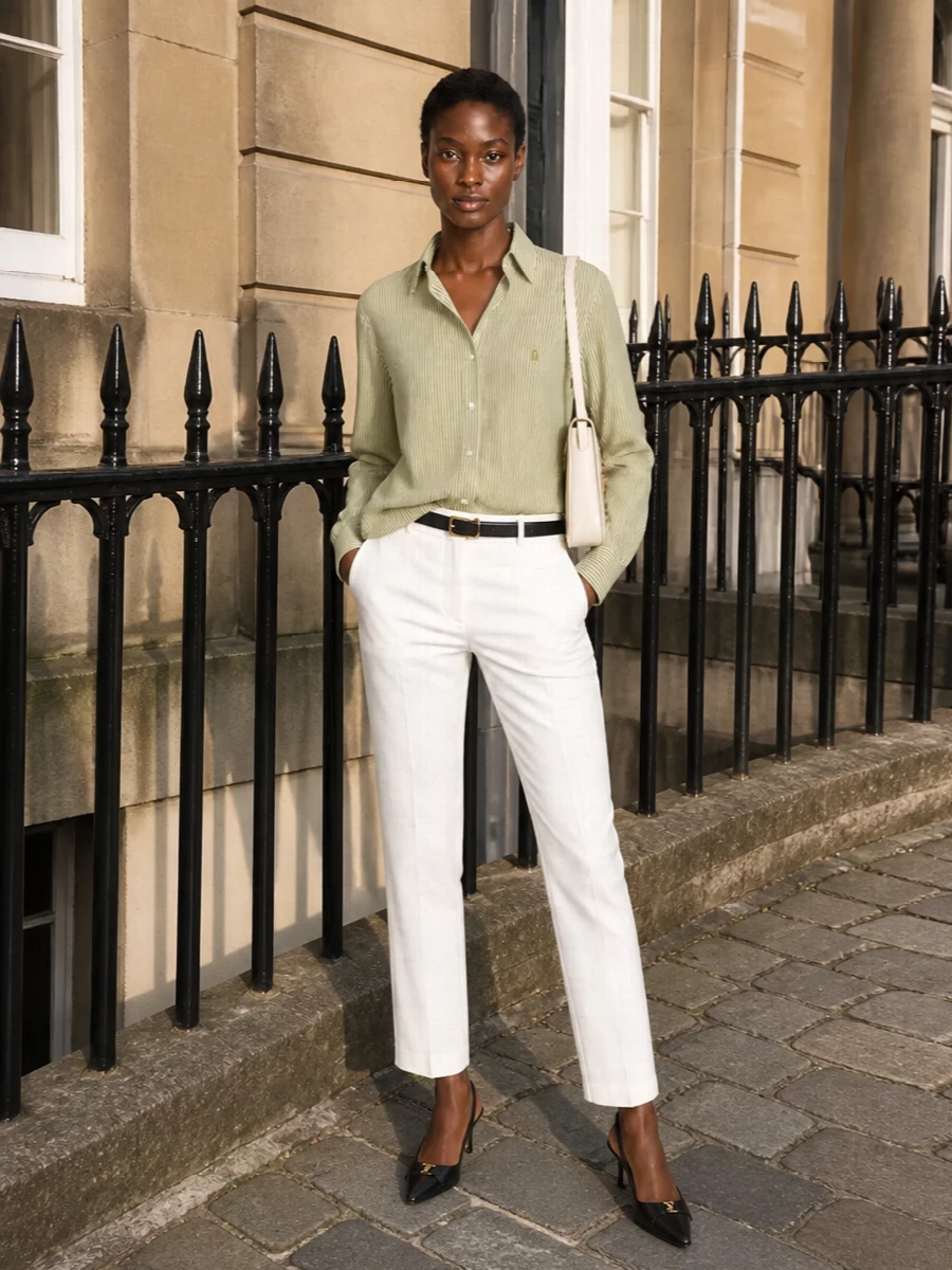 Saint laurent striped shirt white tailored trousers