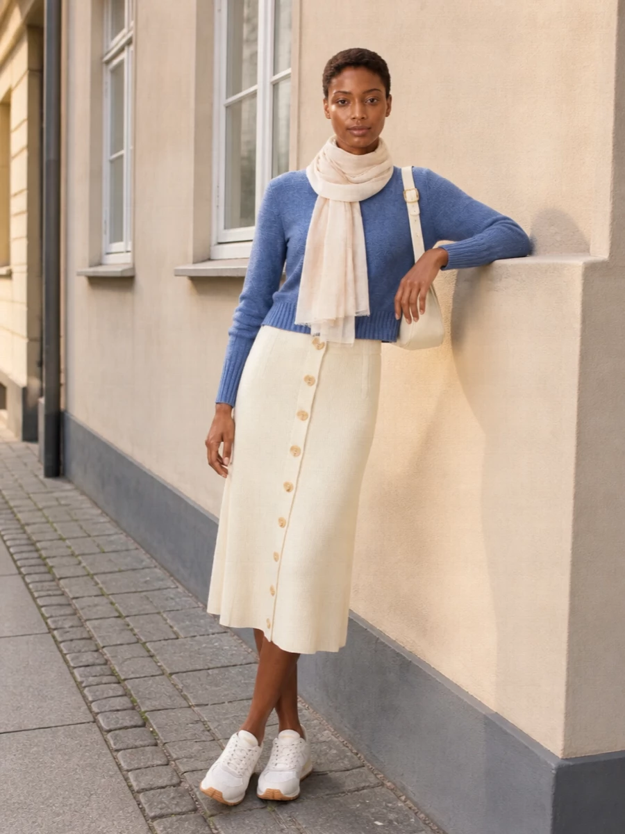 Cornflower blue and cream knit together into a calm, quietly preppy outfit that feels ready for city days or relaxed lunches. The high-waisted ribbed skirt lengthens the line under the cropped crew, while off-white retro runners and a buttercream shoulder bag keep everything soft and intentional. A whisper of blush at the neck brings just enough warmth to the cool palette.