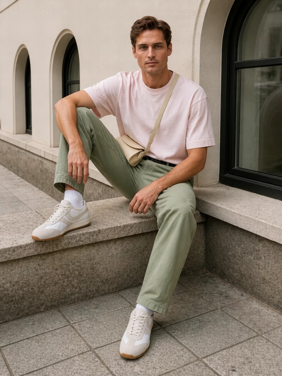 Dries van noten blush tee sage trousers outfit