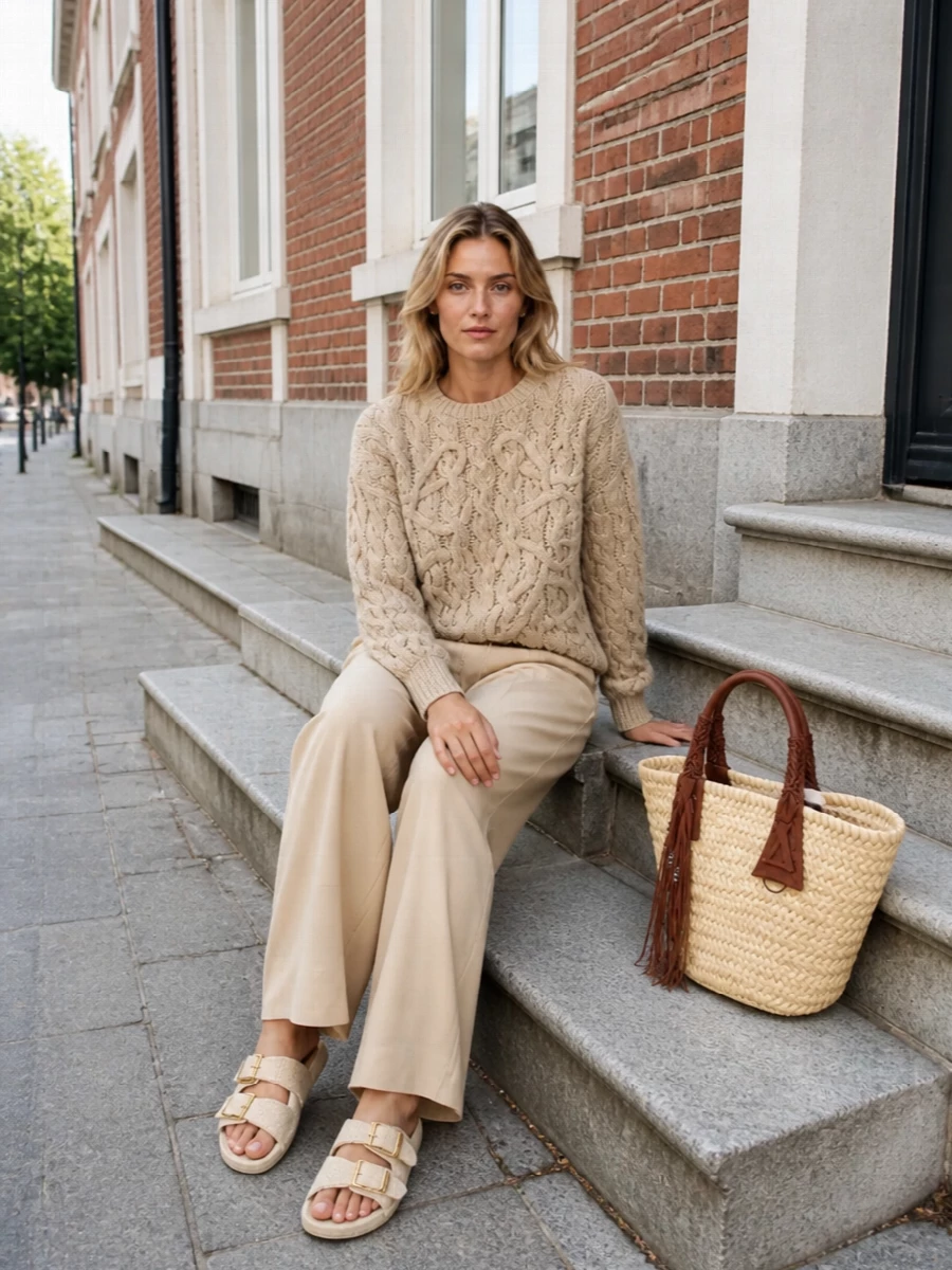 Loewe paulas ibiza beige cable sweater outfit