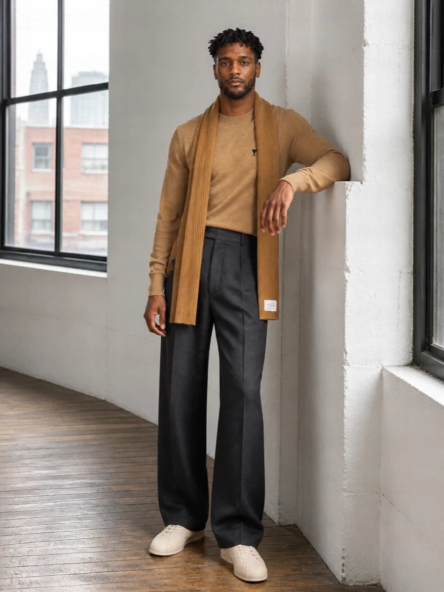 Ami camel sweater charcoal wide leg trousers