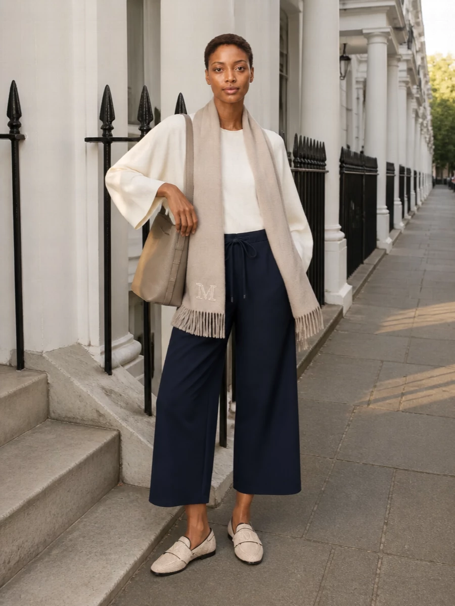 Max mara navy wide leg pants ivory knit outfit