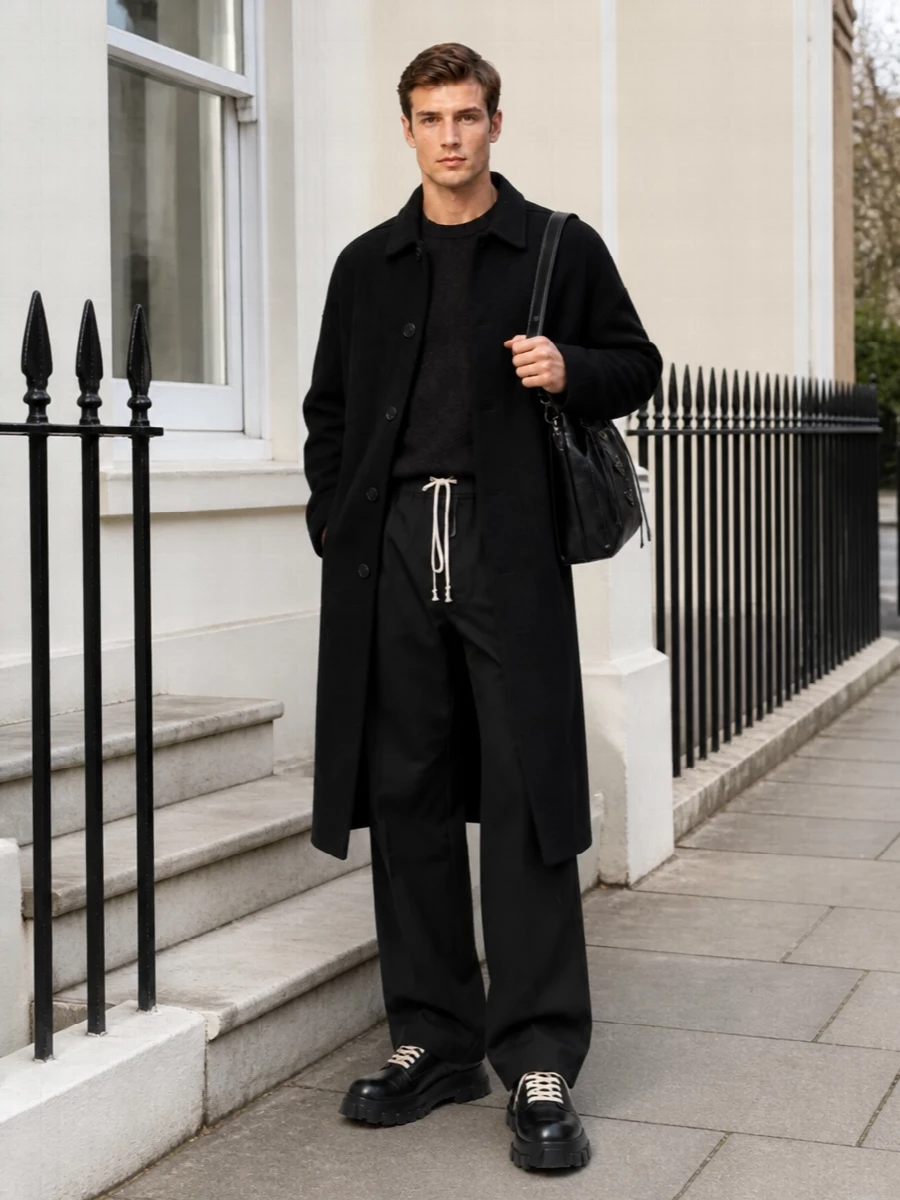 Rick owens coat wide trouser prada bag outfit