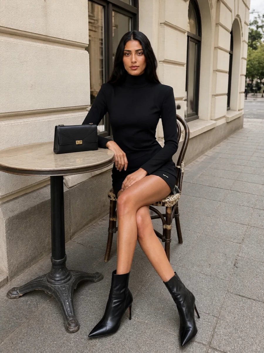 Here the Saint Laurent cardholder sits with a single, decisive foundation: The Attico’s sculpted high-neck mini, rather than a top-and-bottom pairing, to keep the line clean and fully evening-focused. The stiletto ankle boot reinforces the tailored, leggy proportion, while the structured black-and-gold clutch quietly repeats the hardware story without breaking the minimalist mood. It is an urban cocktail ensemble that feels disciplined, directional and distinctly Parisian in attitude.
