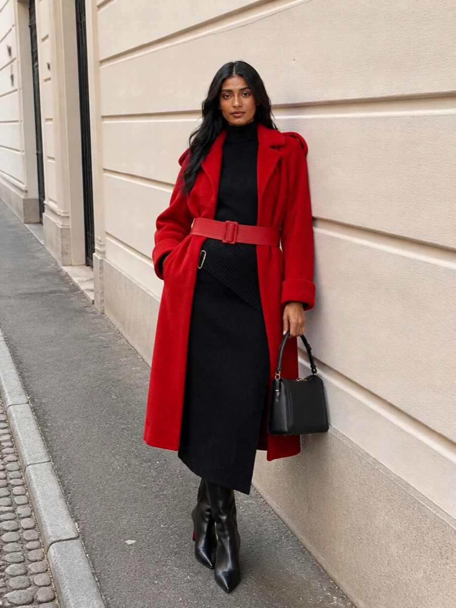 Lanvin red coat black knit dress boots