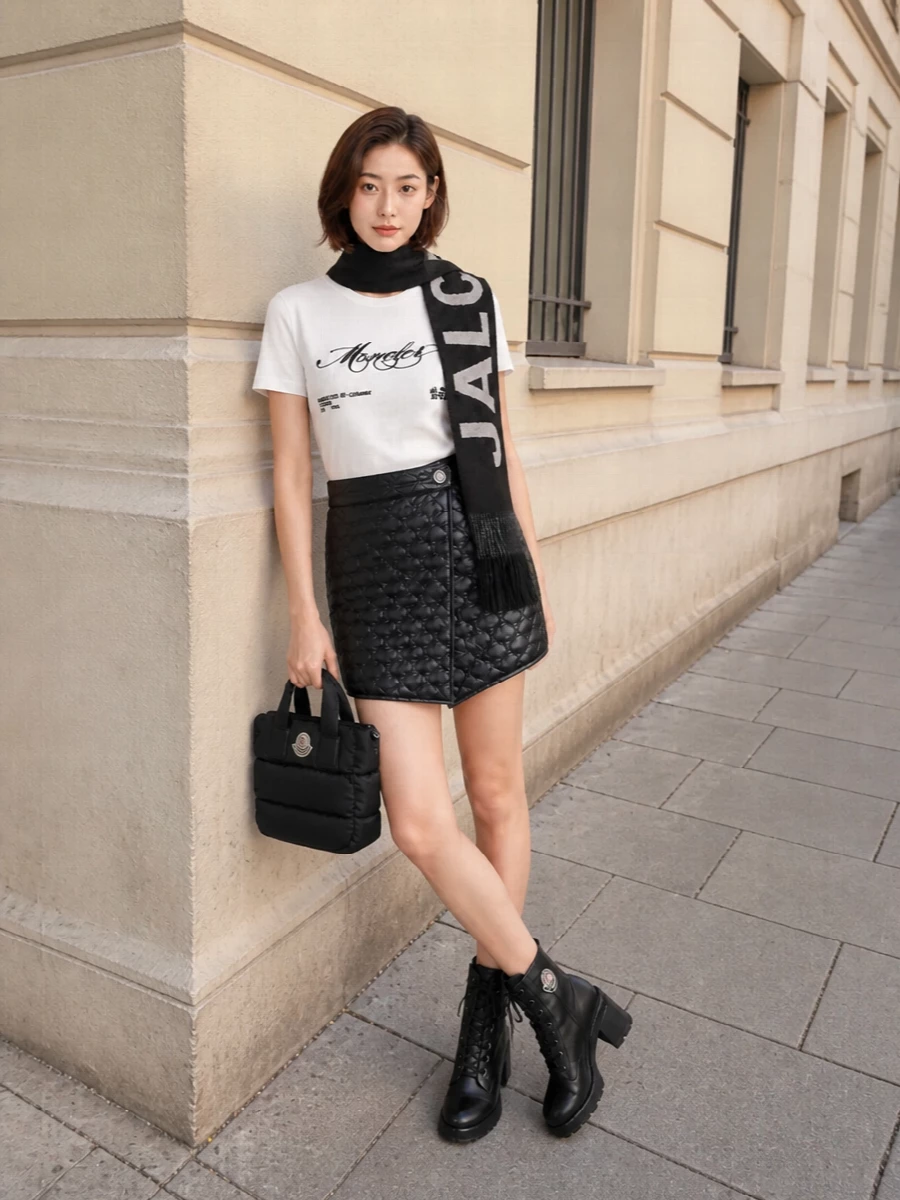 Moncler white logo tee quilted mini skirt outfit