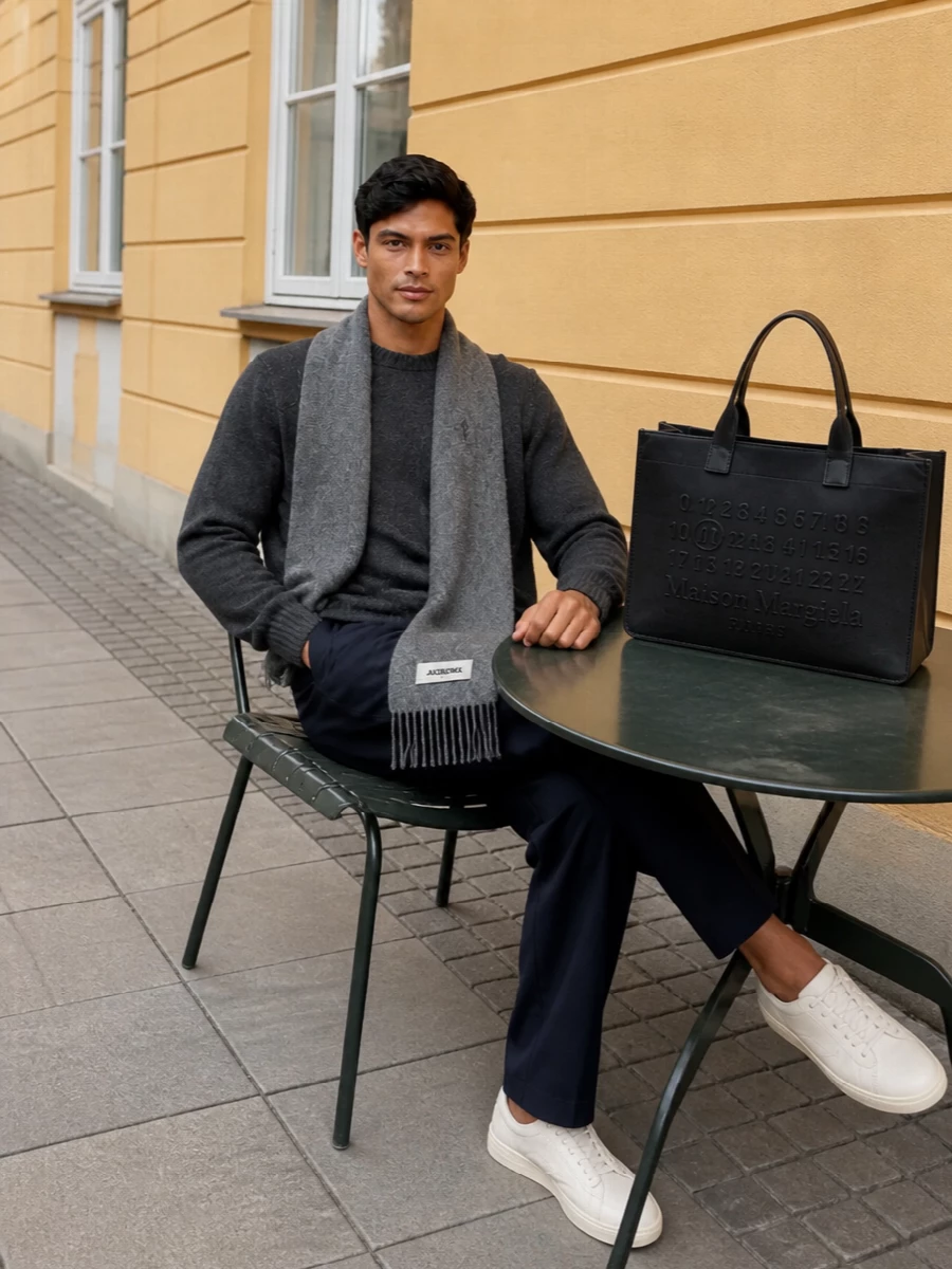 Charcoal and deep navy sit together here for a calm, city-ready take on tailoring that still feels relaxed. The straight navy trouser sharpens the soft crew knit, while cream sneakers and a structured black tote keep the outfit light on its feet yet undeniably polished. A heather-grey scarf introduces just enough texture to underline the quiet, intelligent simplicity of the combination.