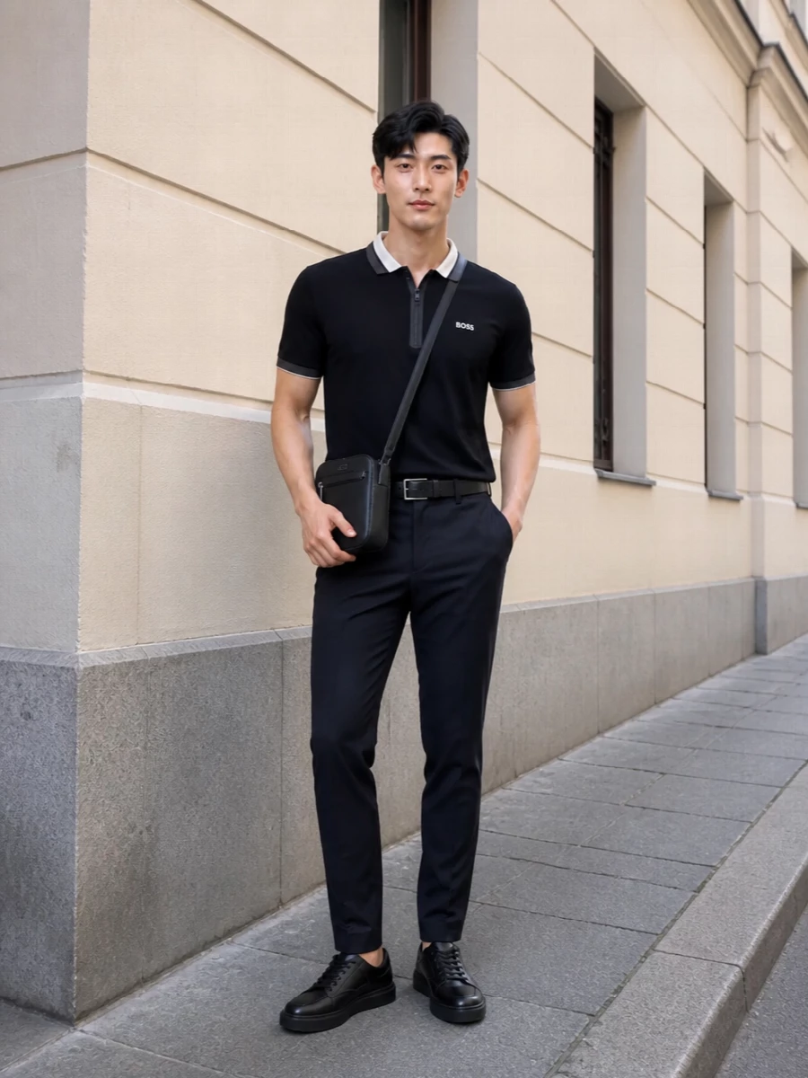 Boss polo navy trousers black sneakers outfit